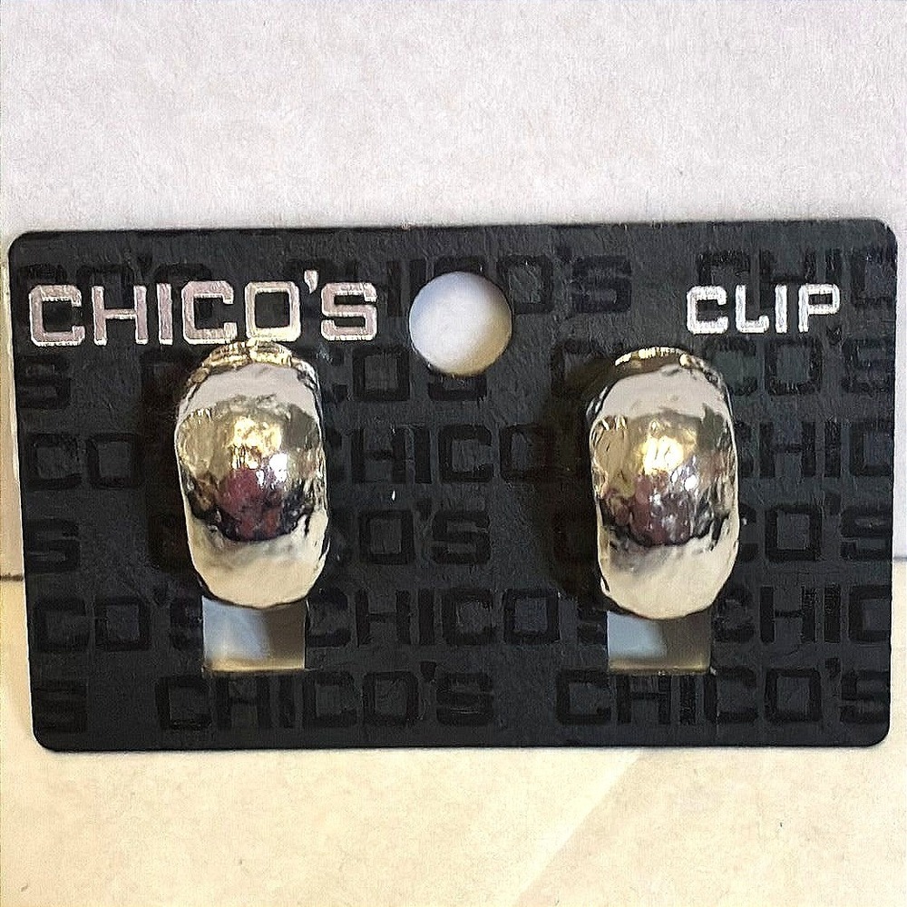 Chicos Silver Hammered Clip On Earrings Chunky Wide Hoop Statement Jewelry NEW